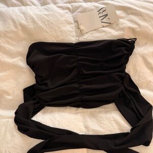 Zara Black Strapless Ruched Tie Crop Top